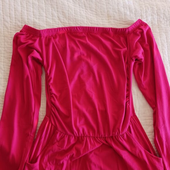 Hot Pink Off-Shoulder High-Waisted Barbie Maxi Dress w/ Pockets Womens Medium - Picture 3 of 5